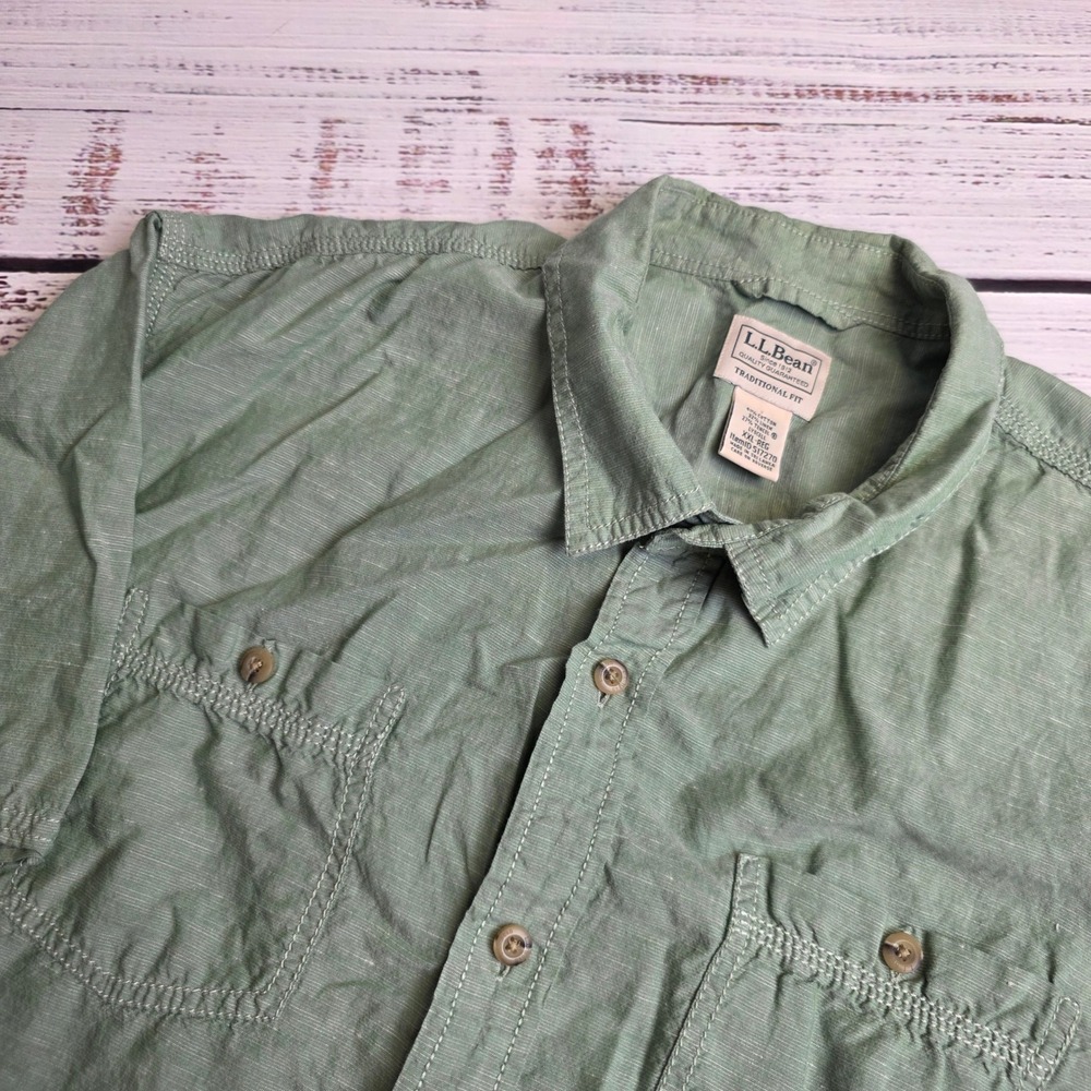 LL Bean Mens XXL Sage Green Linen Blend Short Sleeve Button Down Wharfside Shirt